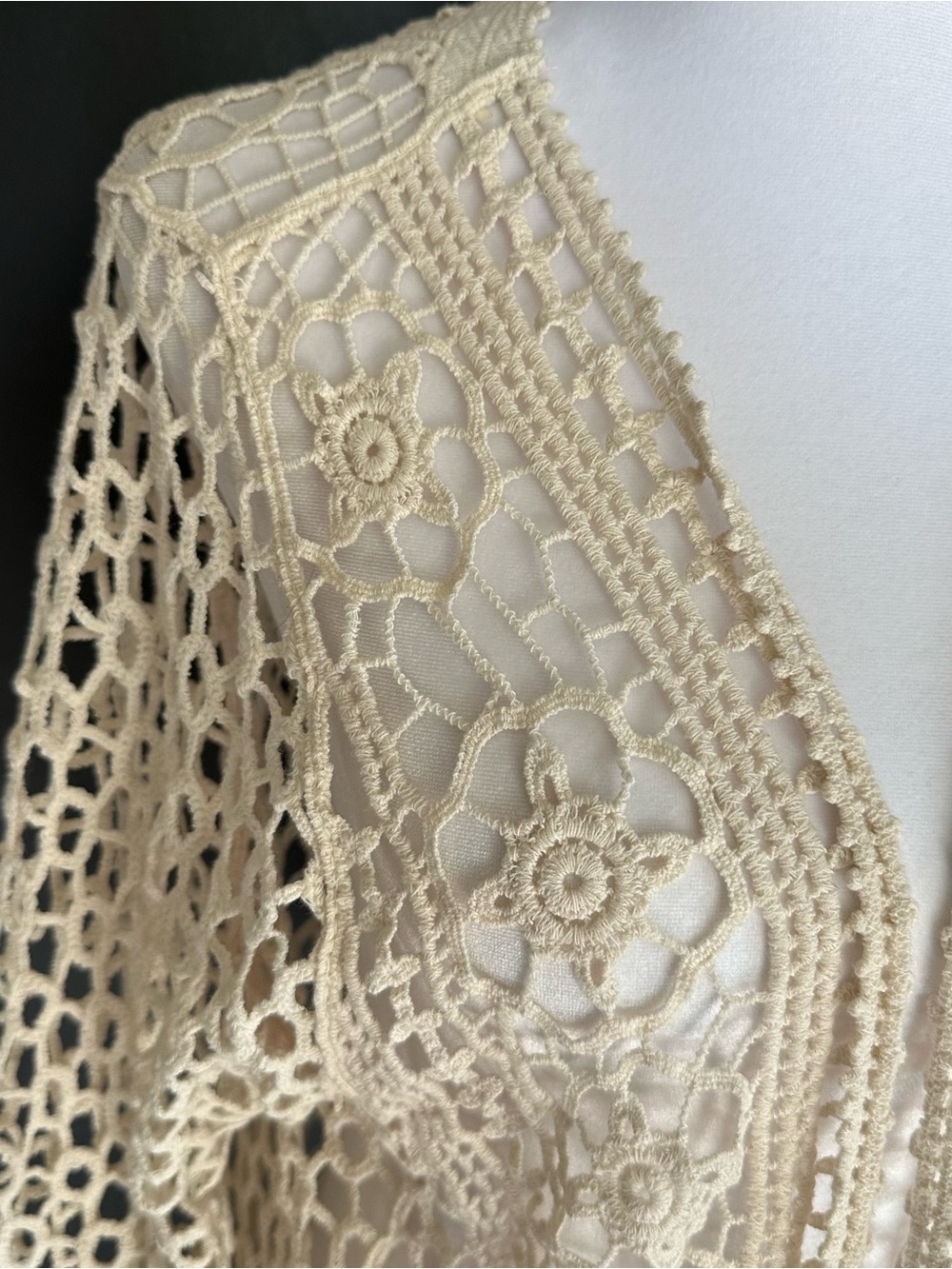Rebellion Again 100% Cotton Crochet Lace Cardigan XS Boho Open Knit Cream Duster - Picture 3 of 8